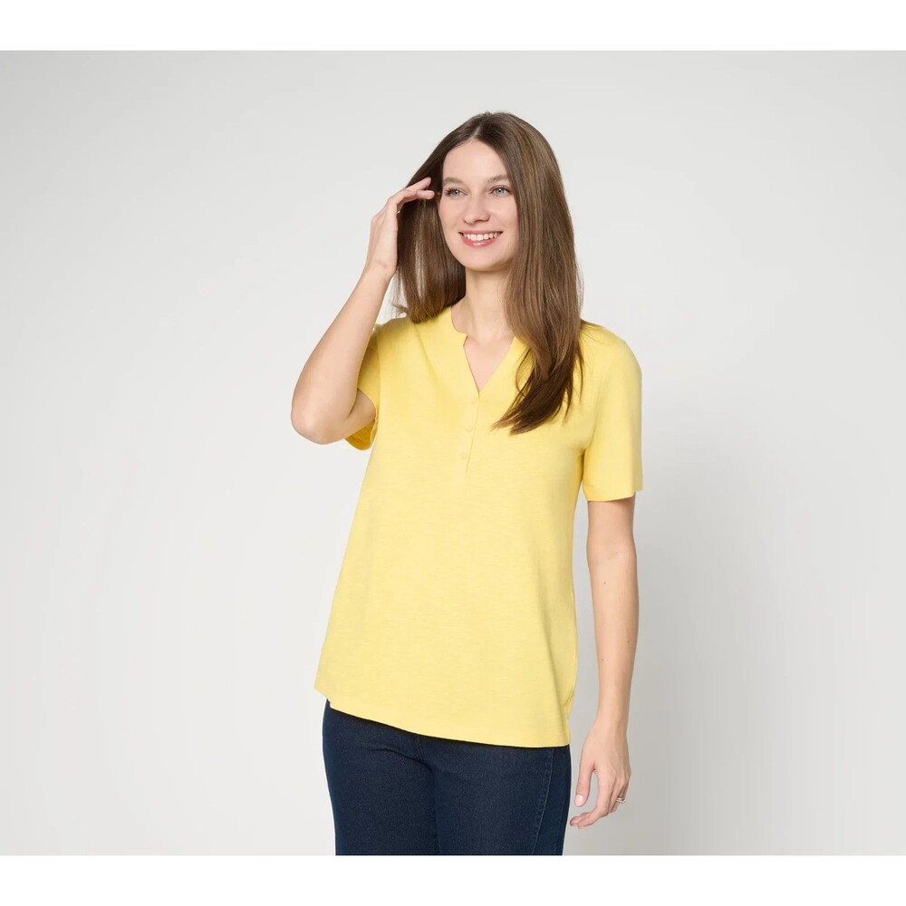 Denim & Co. Essentials Linen Blend Short Sleeve Henley Canary Yellow Sz 2X